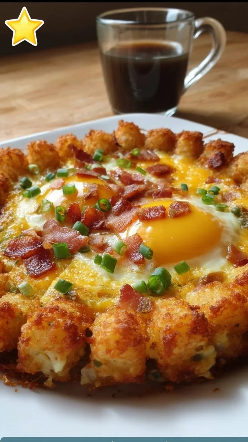 Bacon Egg and Tater Tot Casserole topped with cheese and herbs