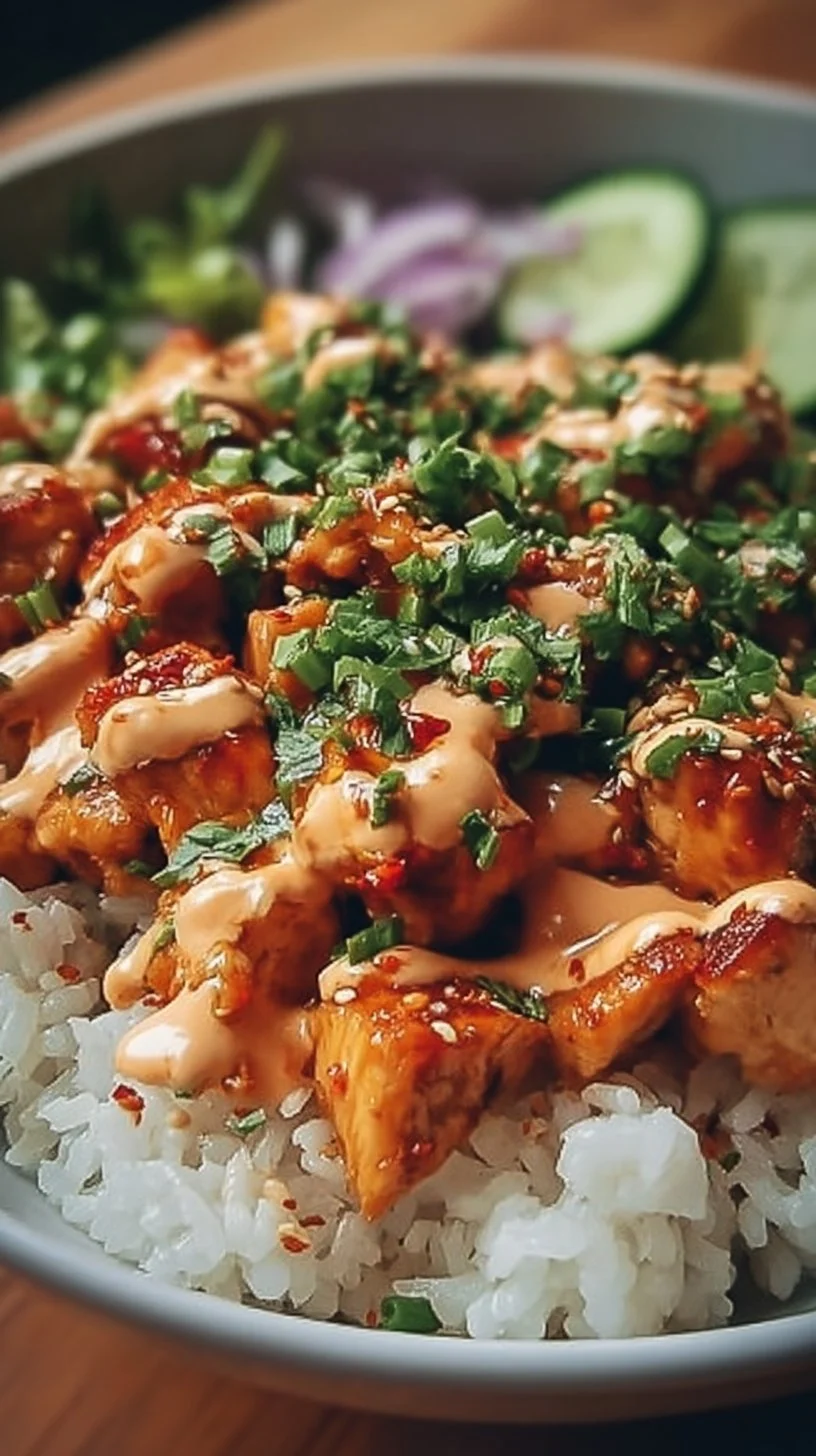 Delicious Bang Bang Chicken Bowl with fresh ingredients and flavorful sauce.