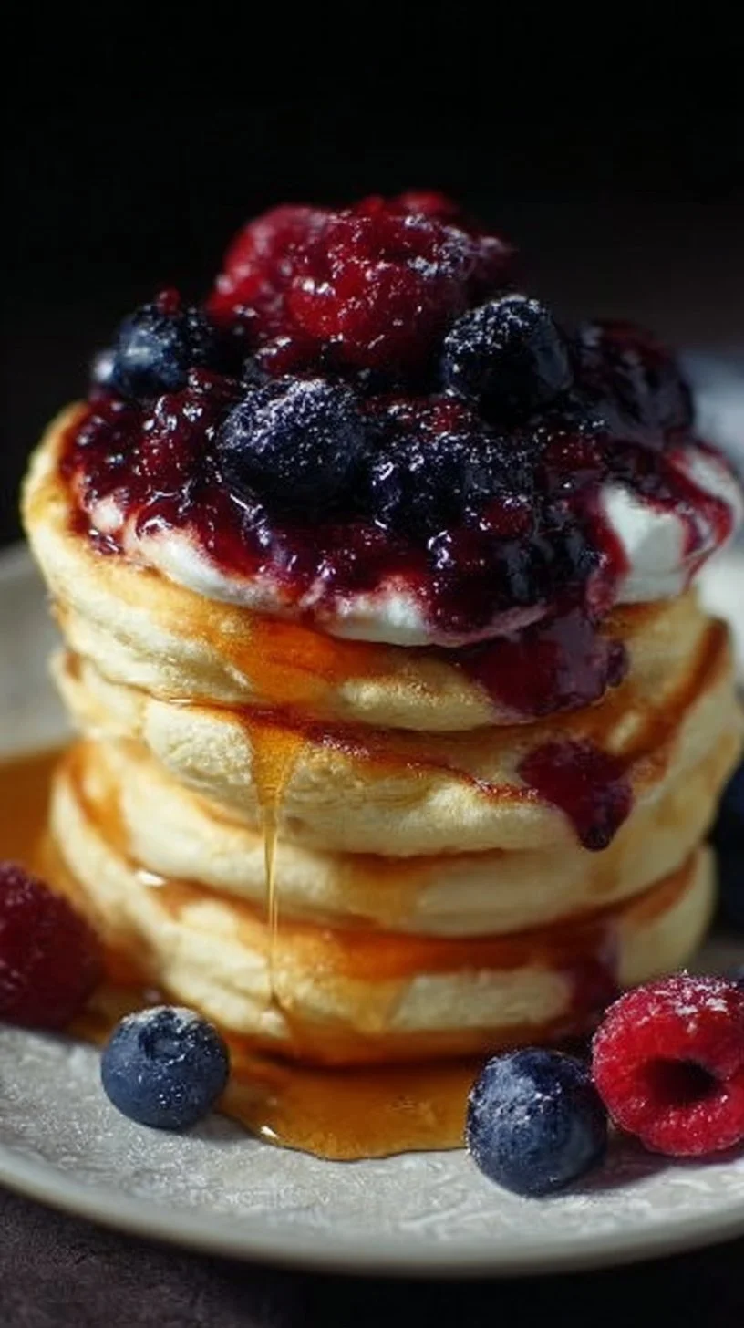 Delicious berry pancakes topped with fresh berries and syrup