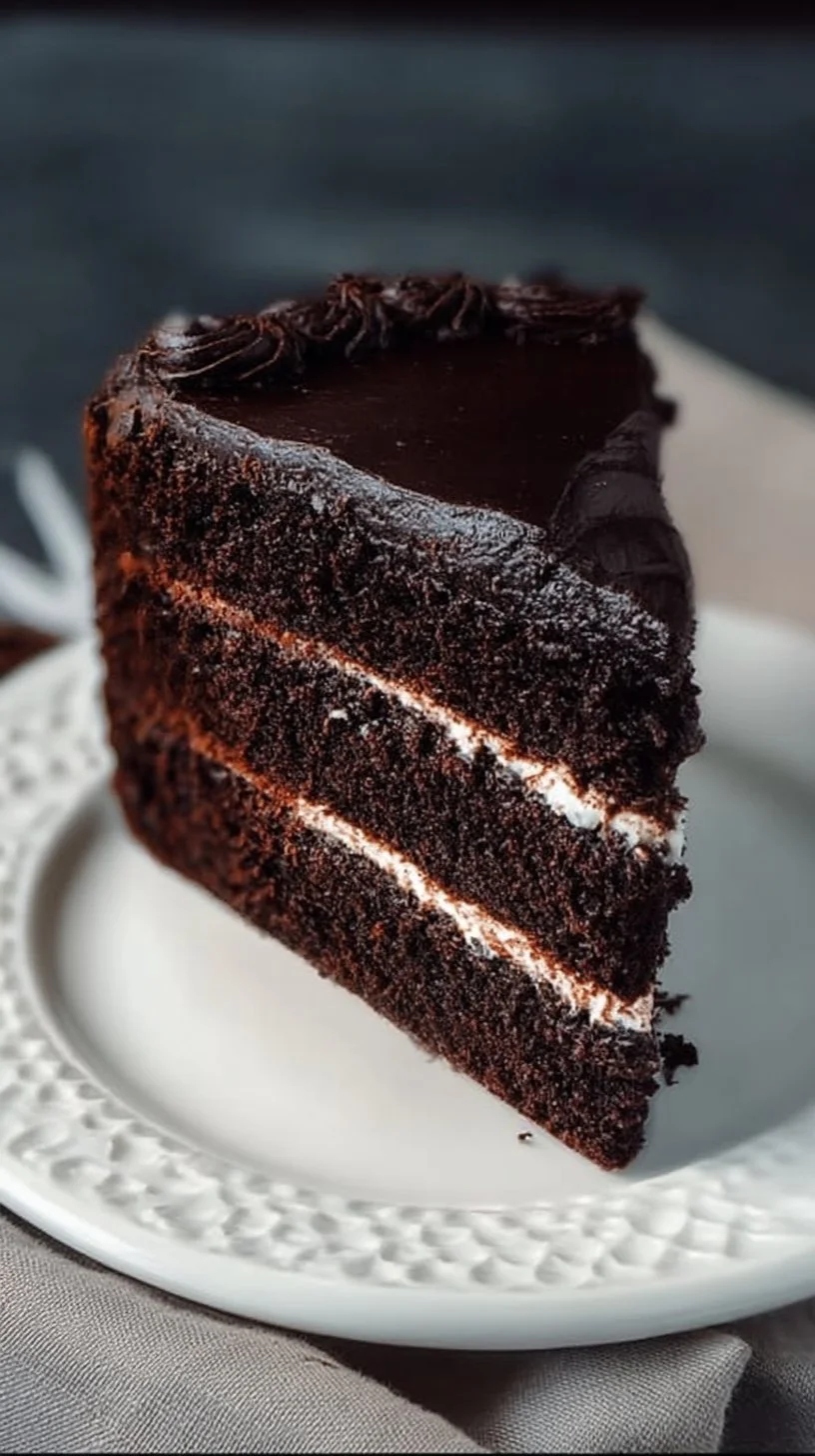 Delicious slice of Black Velvet Cake topped with cream cheese frosting.