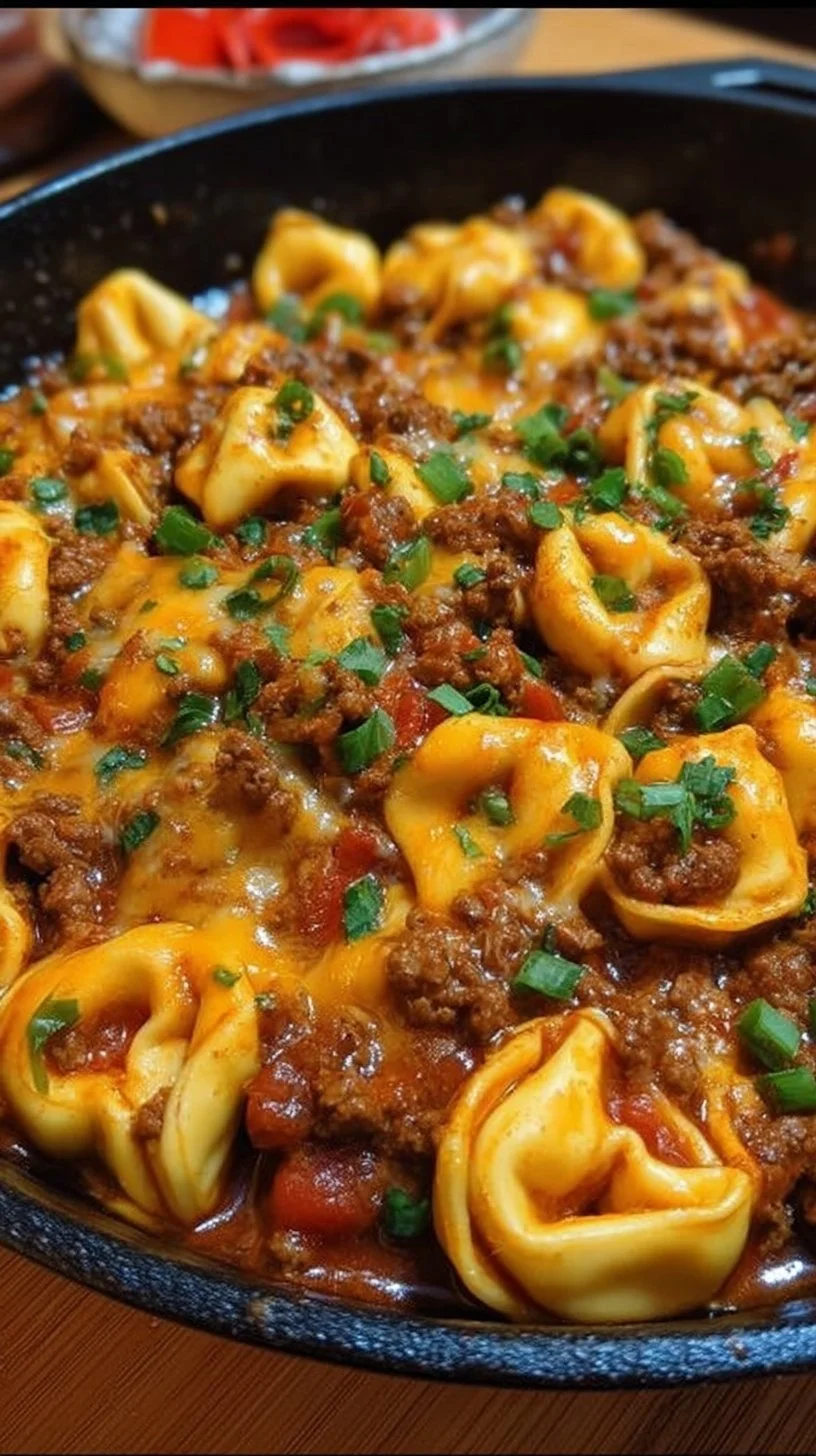Cheesy beef enchilada tortellini skillet garnished with cilantro and cheese.