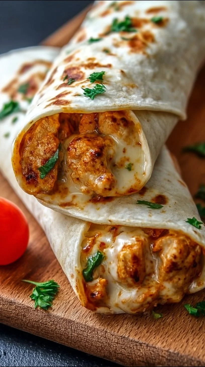 Cheesy garlic chicken wraps filled with grilled chicken, cheese, and garlic sauce.