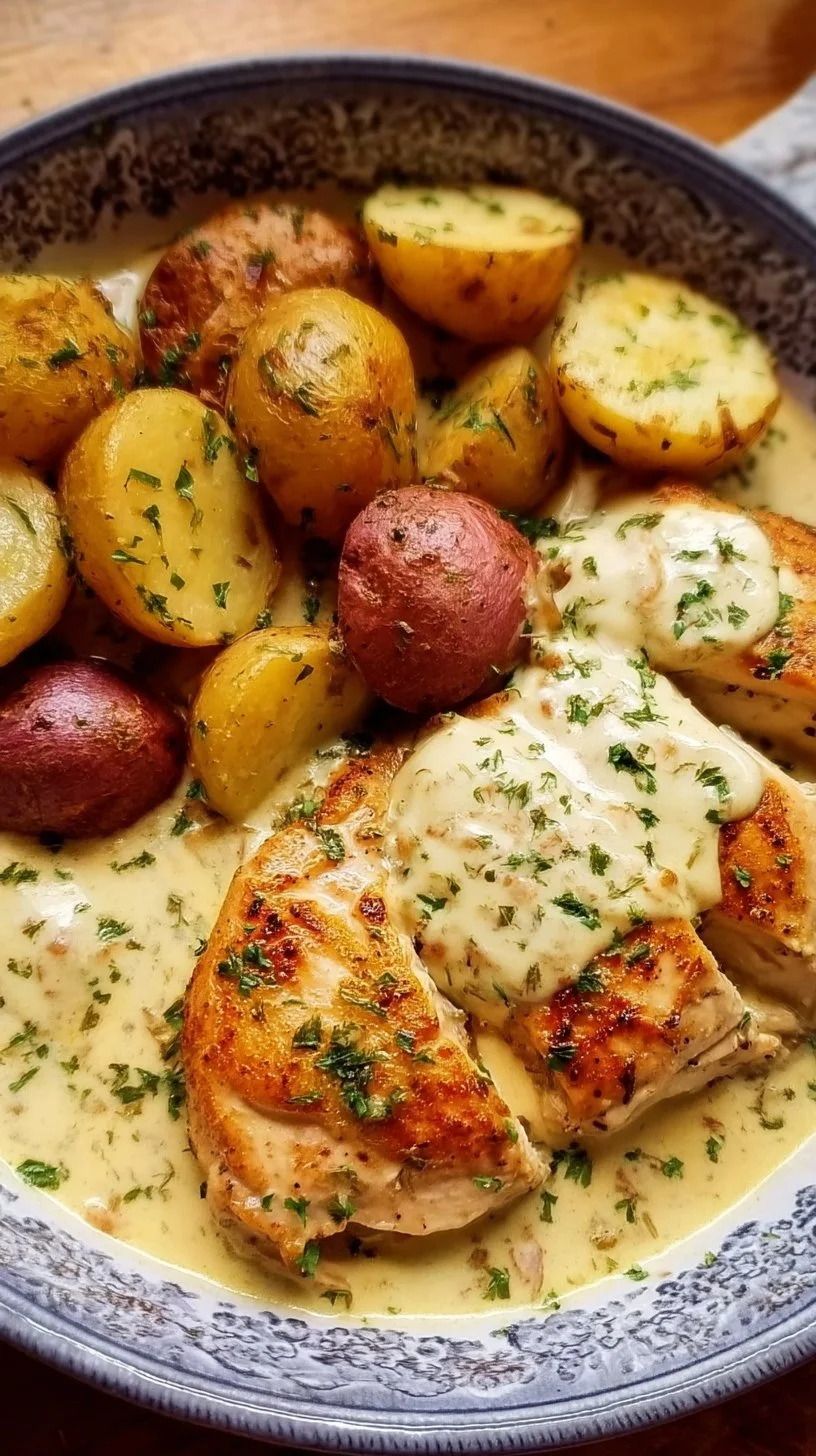 Creamy Chicken and Potatoes with Dijon Sauce served on a plate