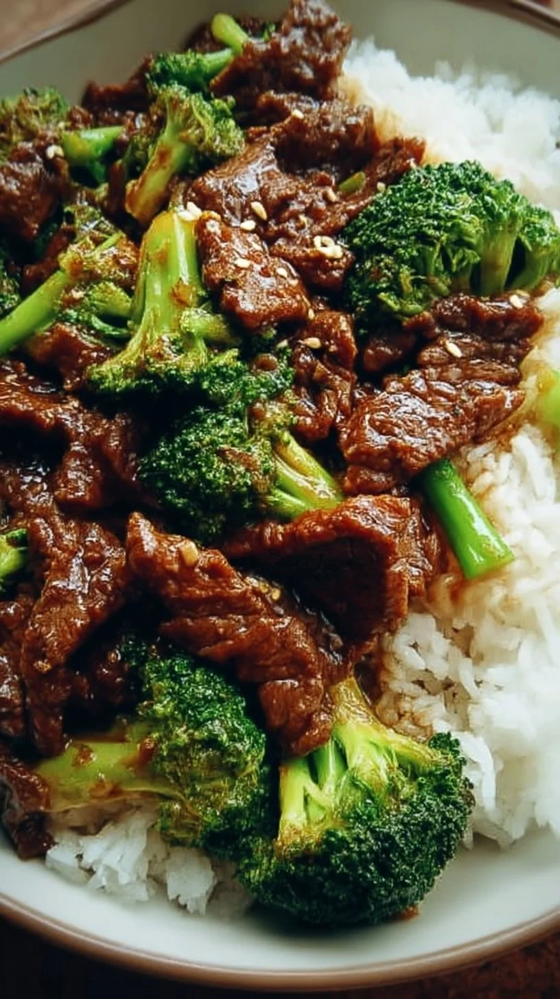 A delicious plate of Chinese Beef and Broccoli served in a savory sauce.