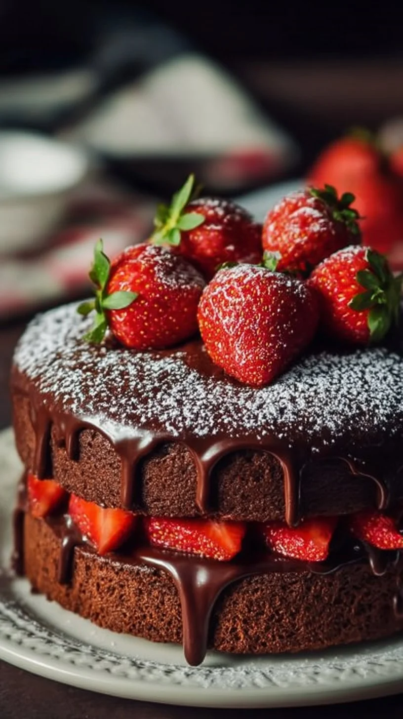 Delicious chocolate cake layered with fresh strawberry filling