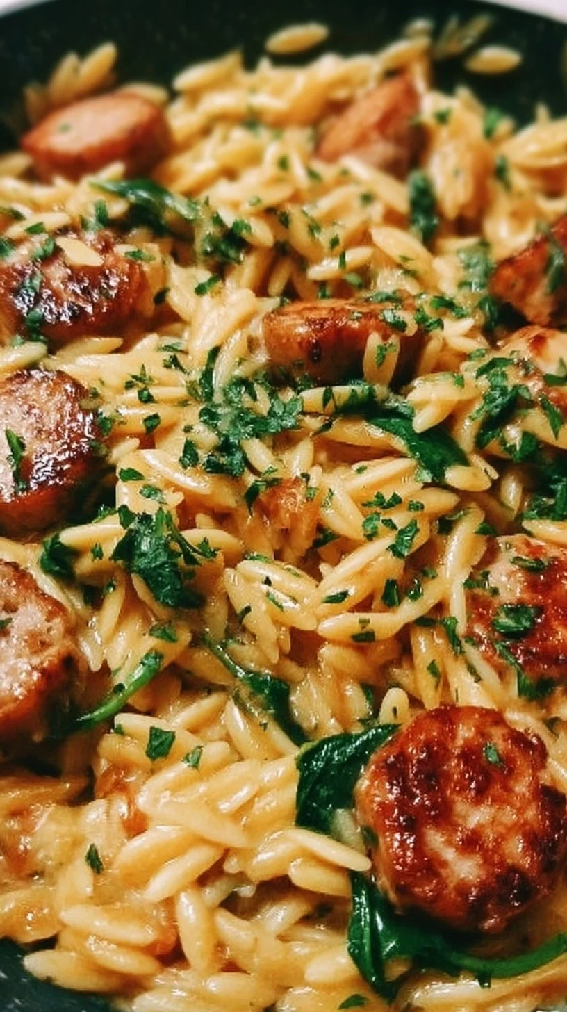 Creamy chicken sausage orzo dish served in a bowl with herbs and spices.