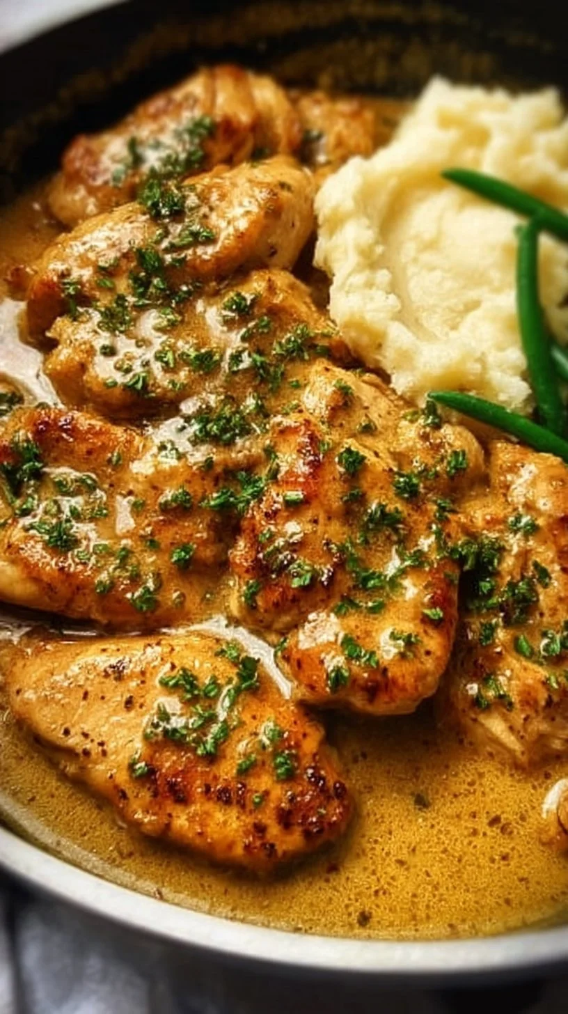 Creamy garlic chicken dish garnished with herbs on a plate.