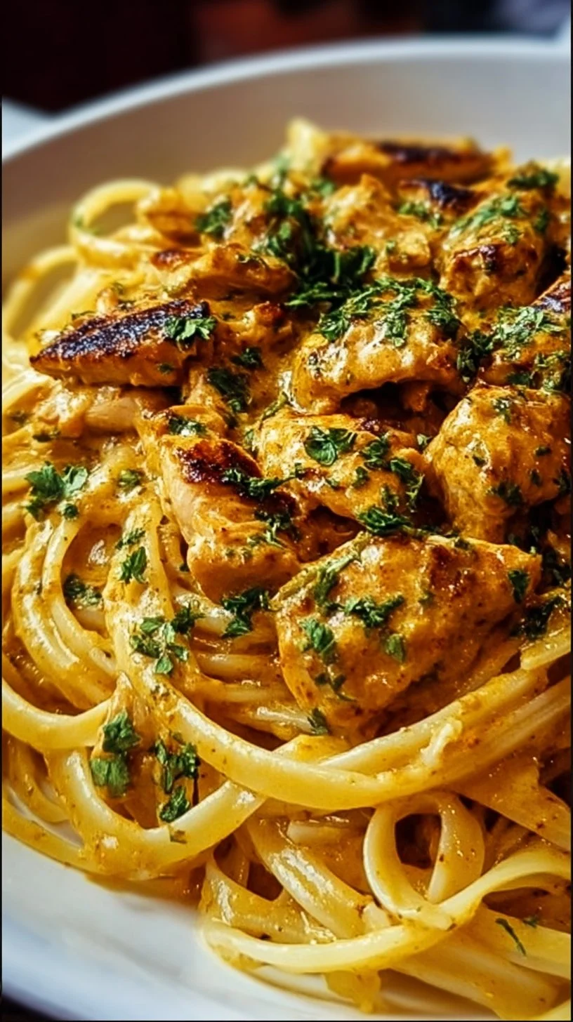 Easy Cowboy Butter Chicken Linguine dish with creamy sauce and herbs