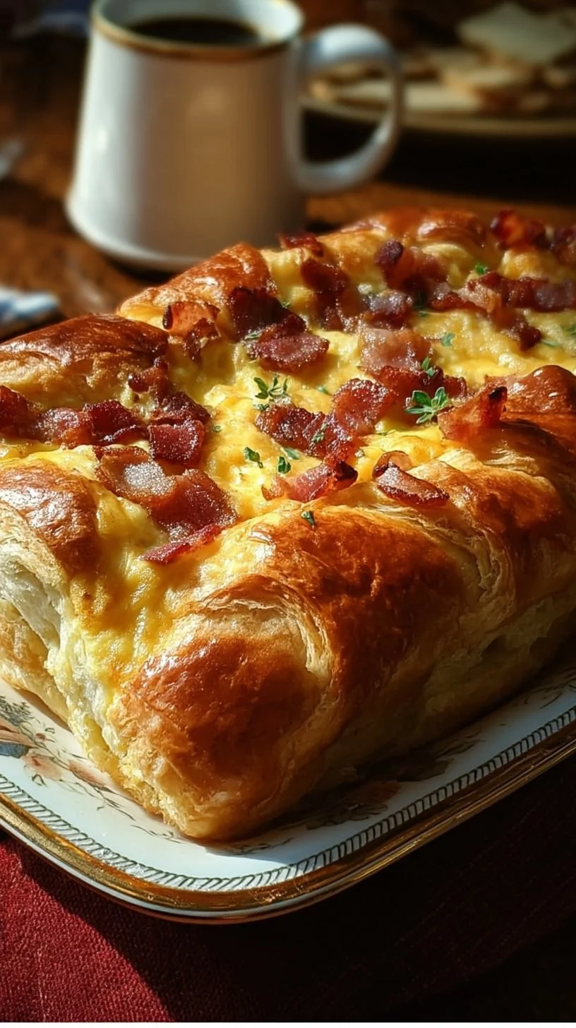 Easy crescent roll breakfast casserole topped with cheese and herbs