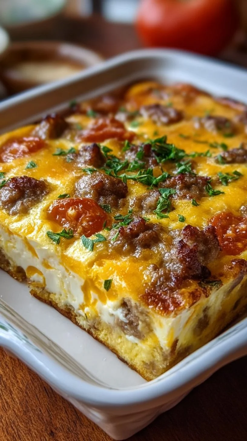 Easy sausage and egg casserole dish served on a plate