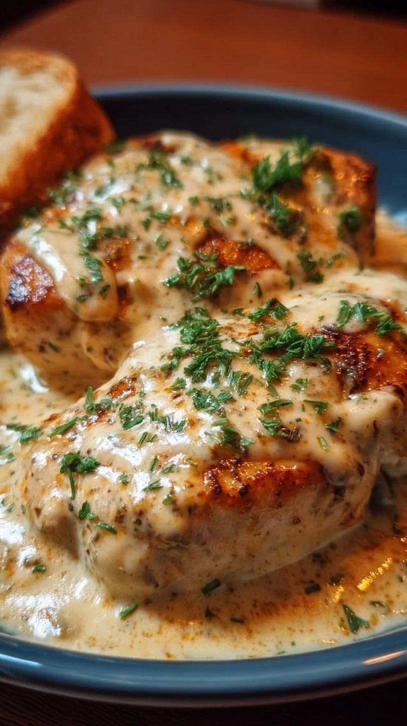 Delicious easy sour cream chicken dish served on a plate with herbs.
