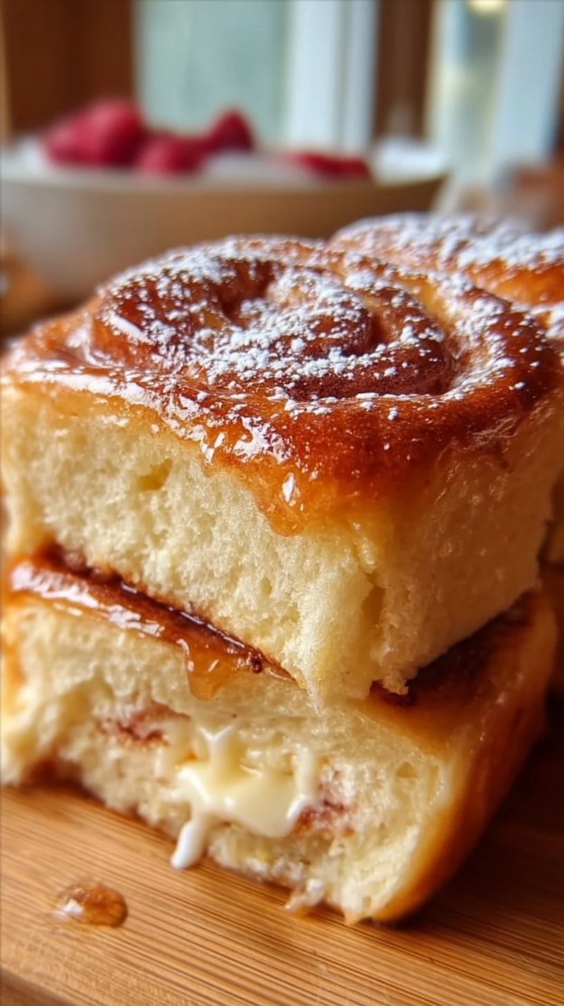 Delicious Egg and Sweet Roll Bake topped with icing and berries.