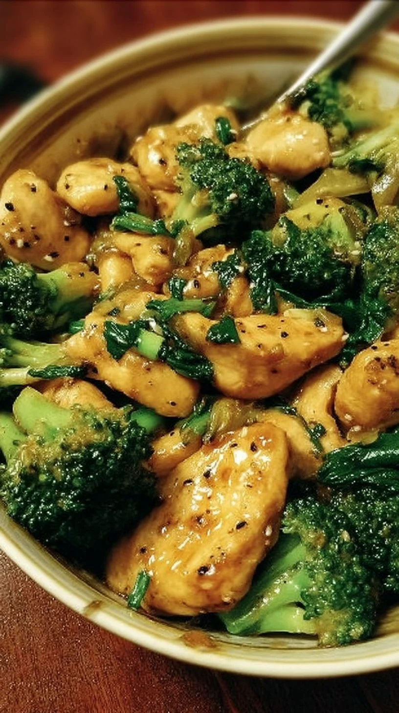 Garlic chicken served with broccoli and spinach