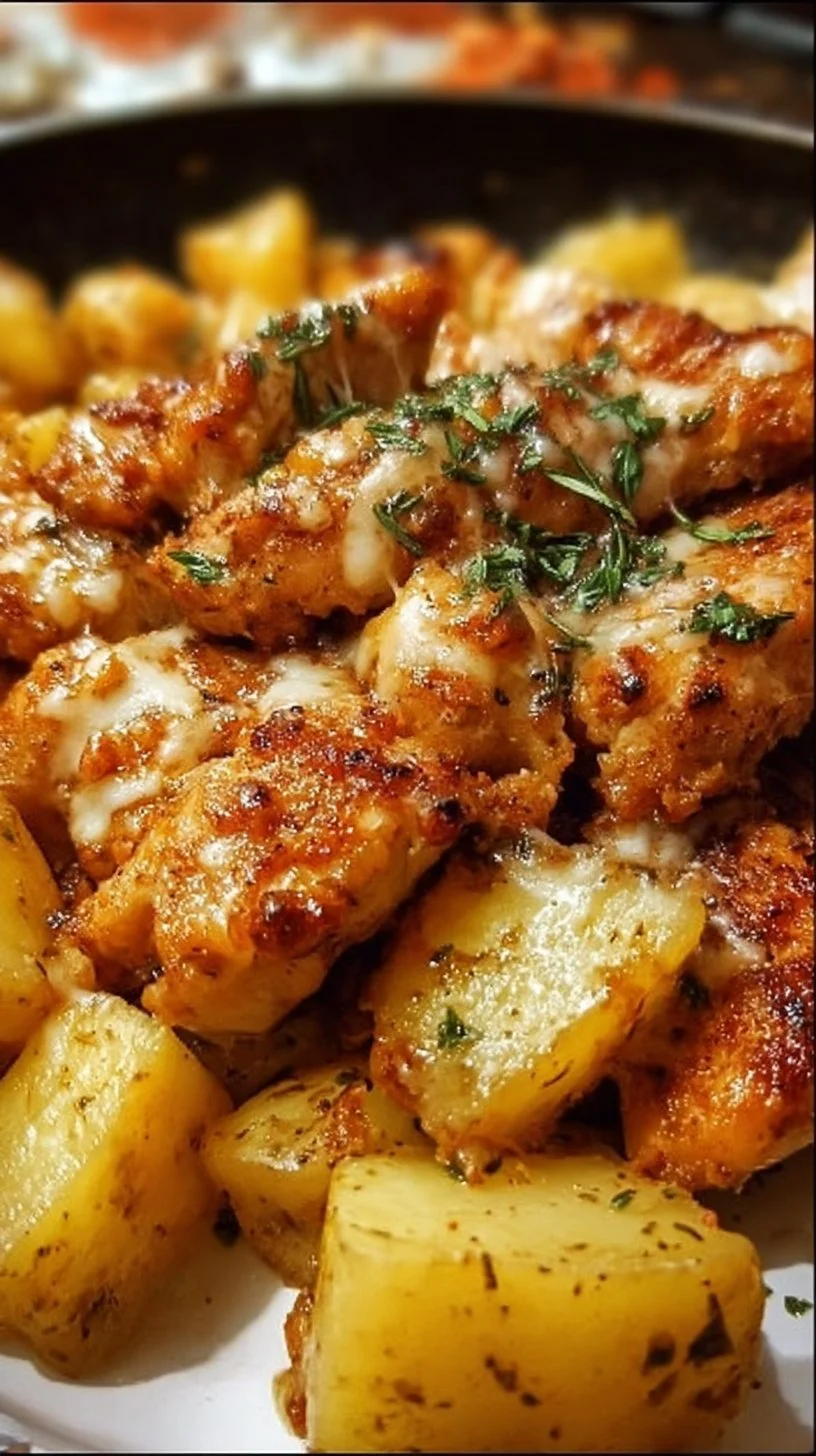 Garlic Parmesan Chicken served with seasoned potatoes dish