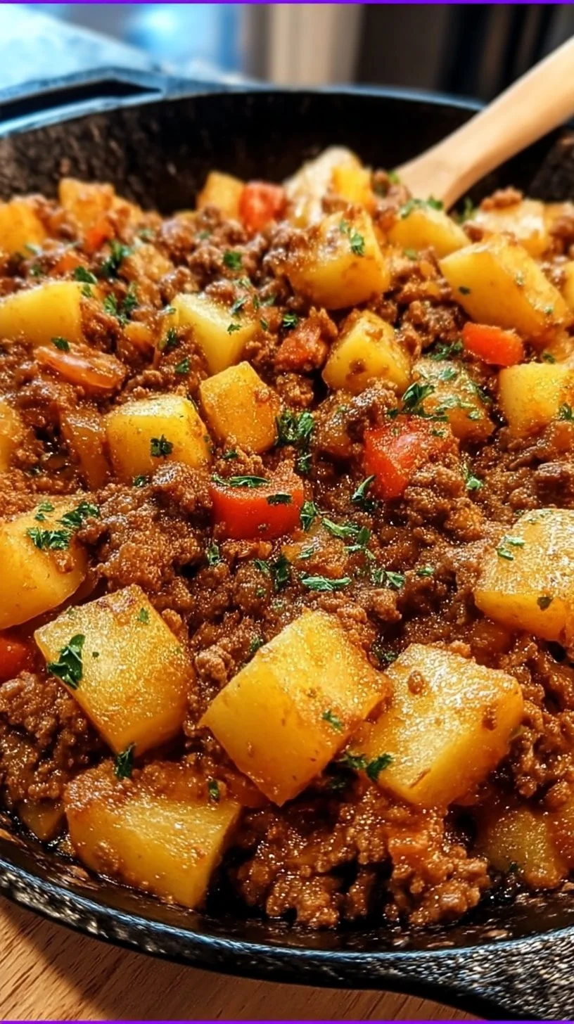Hearty ground beef and potato skillet dinner served in a frying pan.