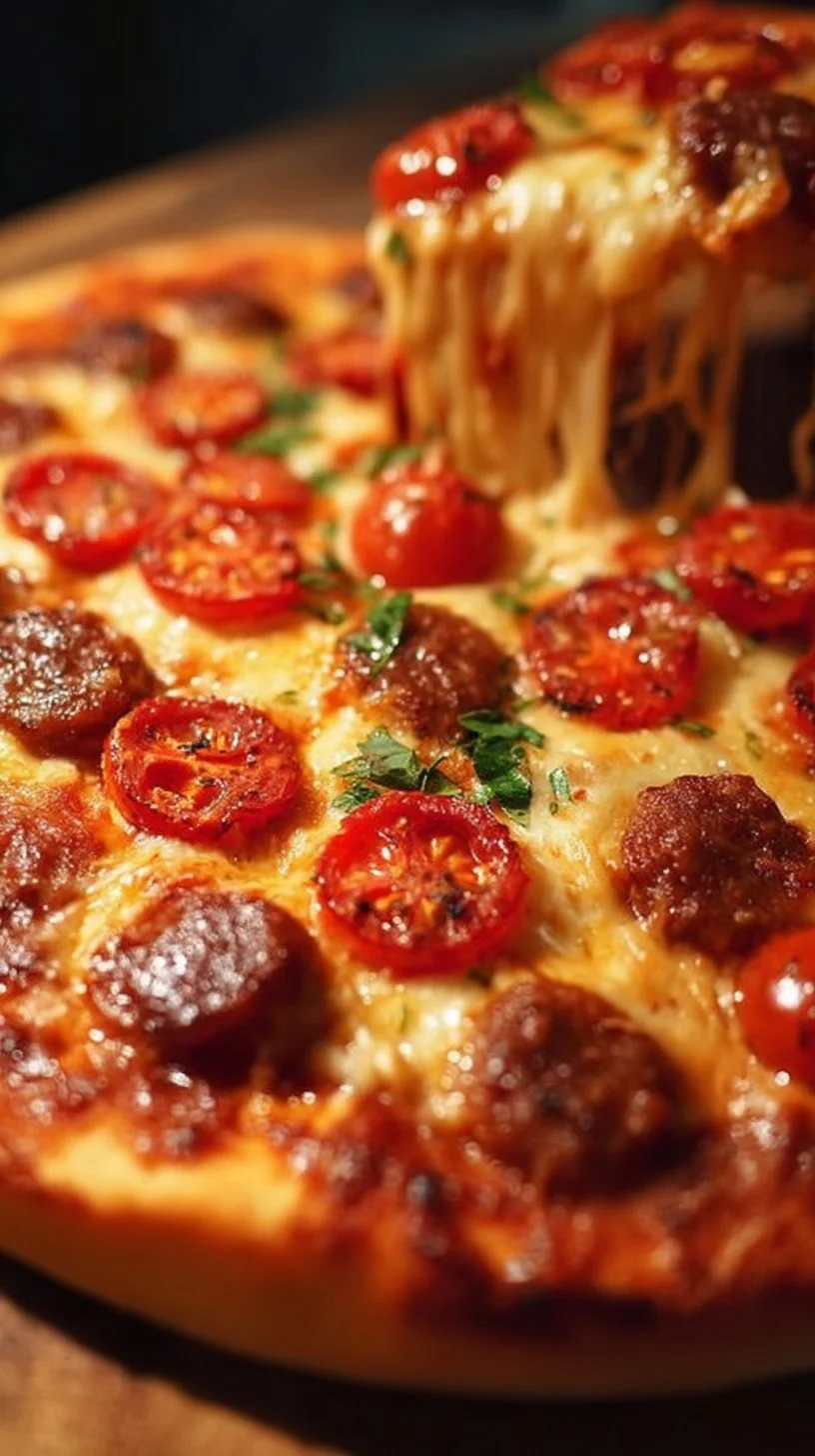 Italian sausage and tomato pizza topped with fresh ingredients