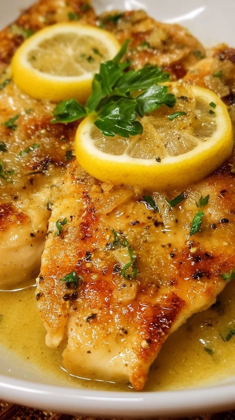 Lemon chicken garnished with lemon butter sauce on a plate