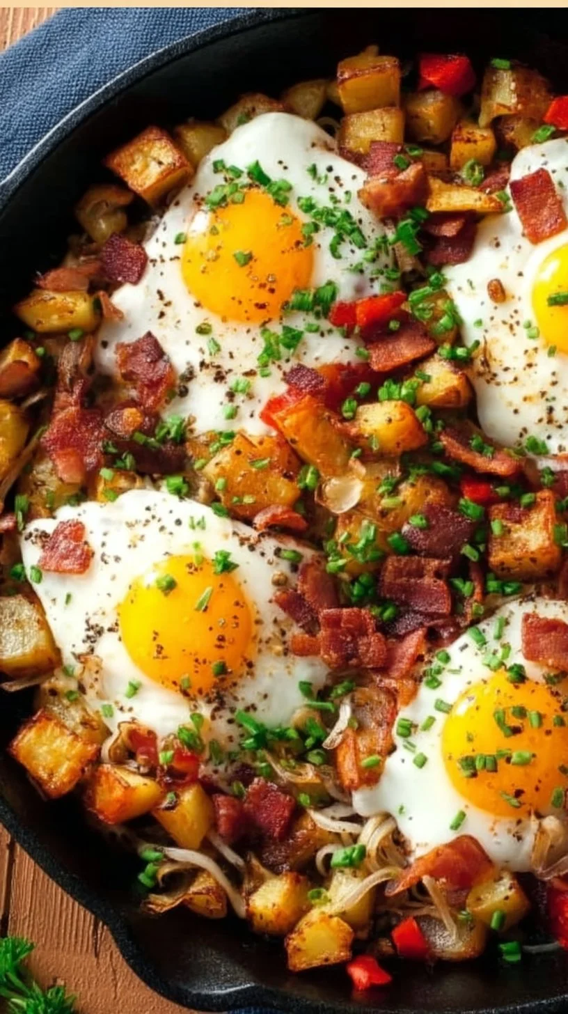 Delicious Loaded Breakfast Hash with eggs, potatoes, and toppings