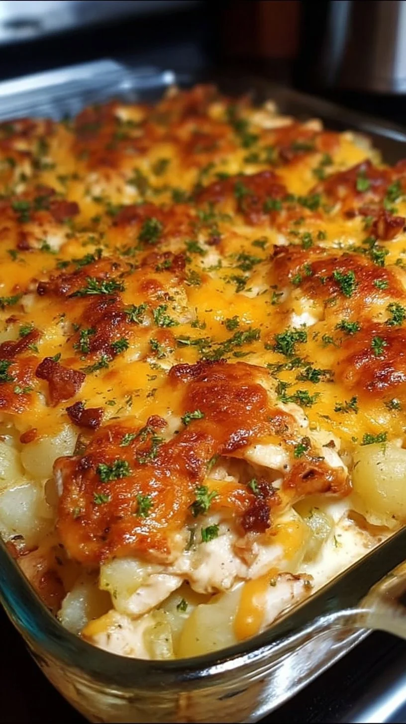 Loaded Potato Ranch Chicken Casserole served in a dish