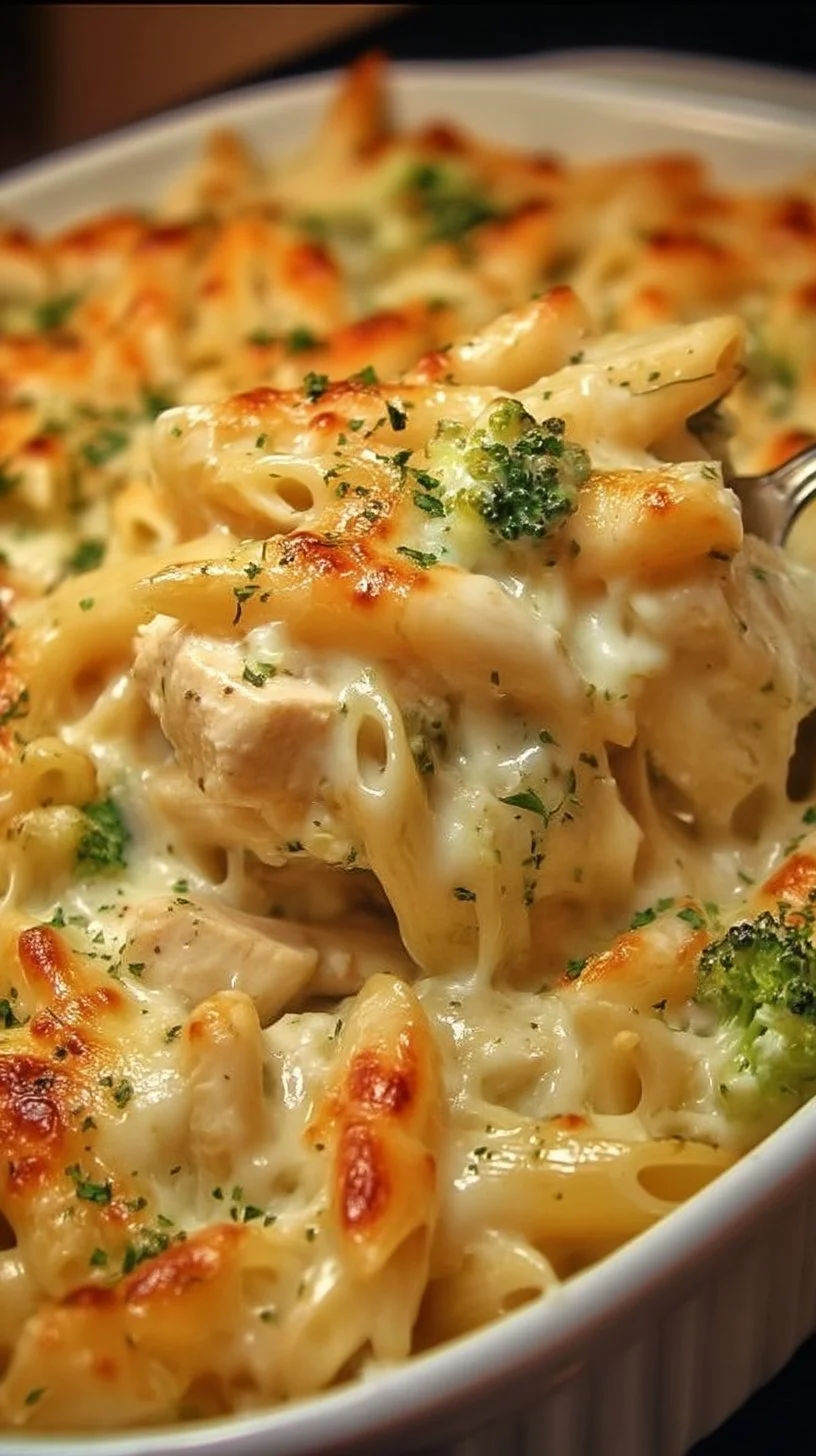 Delicious Quick Chicken Alfredo Bake topped with cheese and herbs