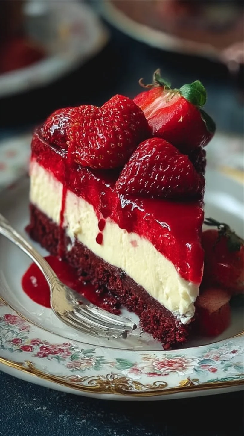 Red Velvet Strawberry Cheesecake topped with fresh strawberries and cream