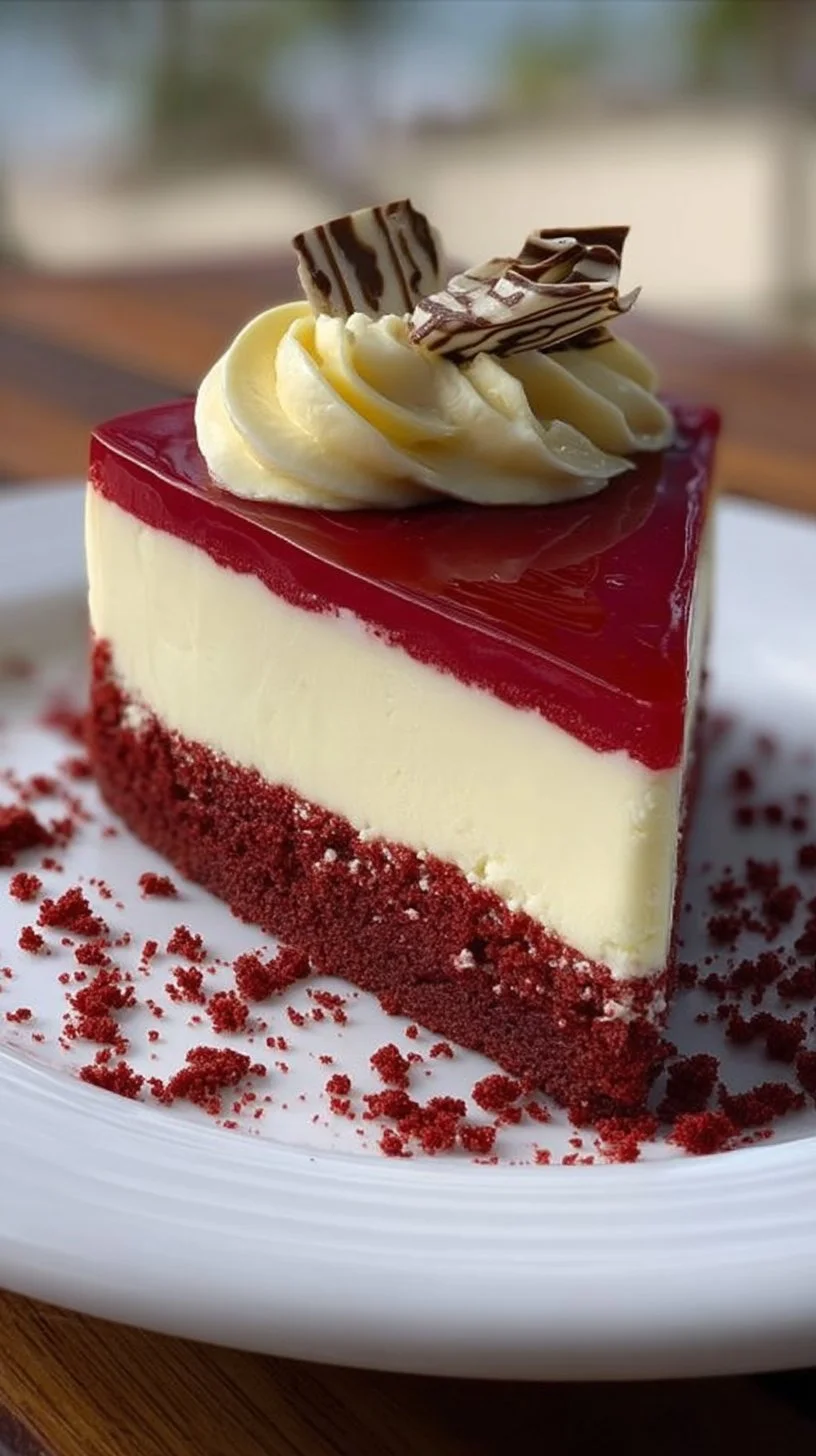 Delicious red velvet cheesecake with white chocolate topping, ready to be served