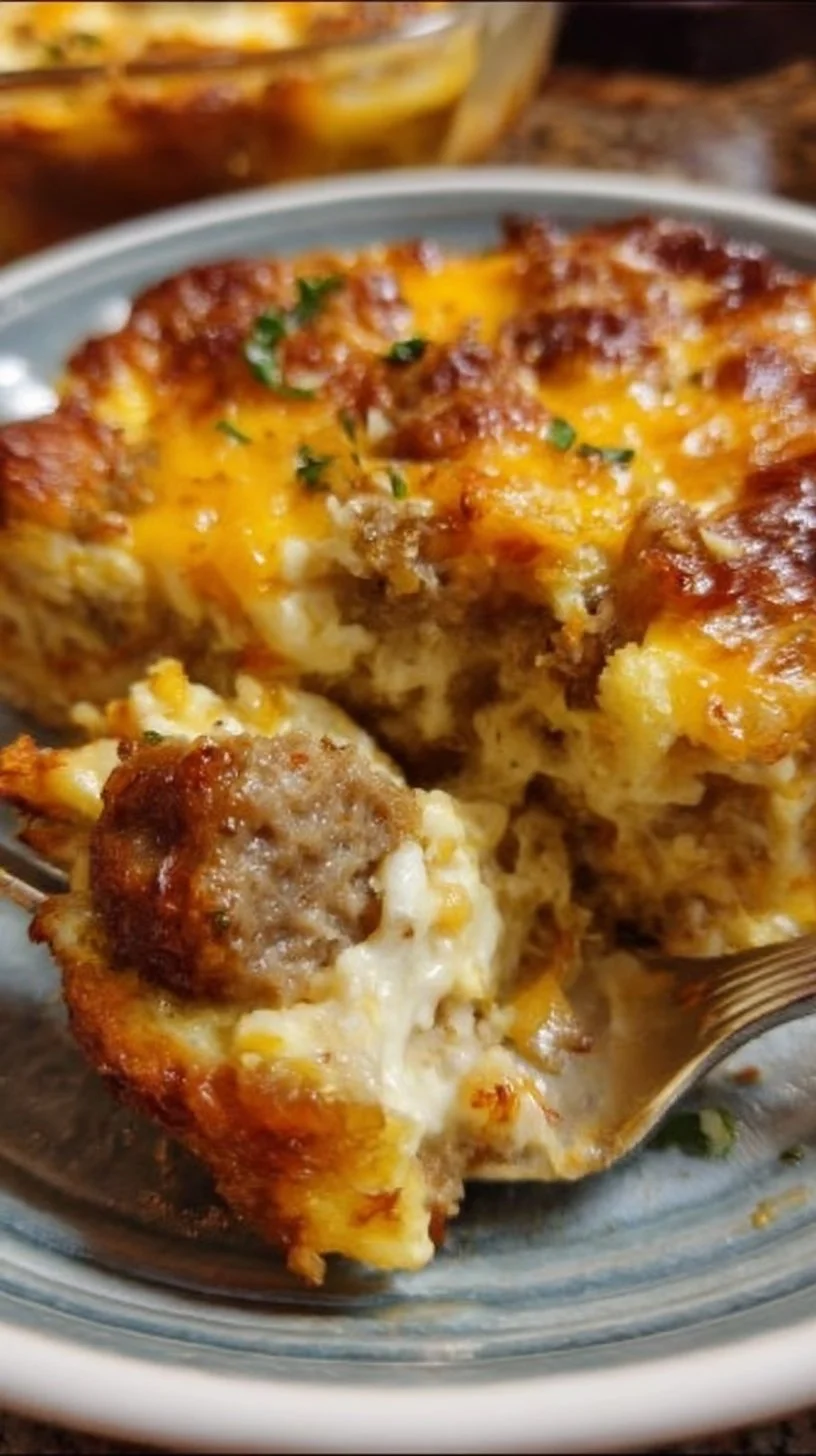 Sausage and Hashbrown Breakfast Casserole garnished with herbs in a baking dish