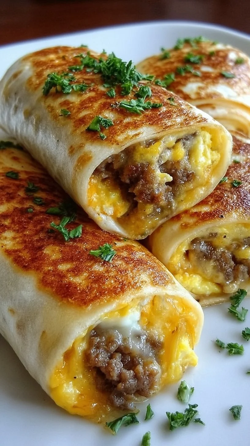 Sausage egg and cheese breakfast roll-ups served on a plate
