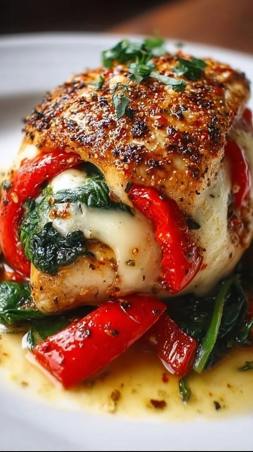 Savory stuffed chicken filled with roasted red peppers, spinach, and mozzarella cheese