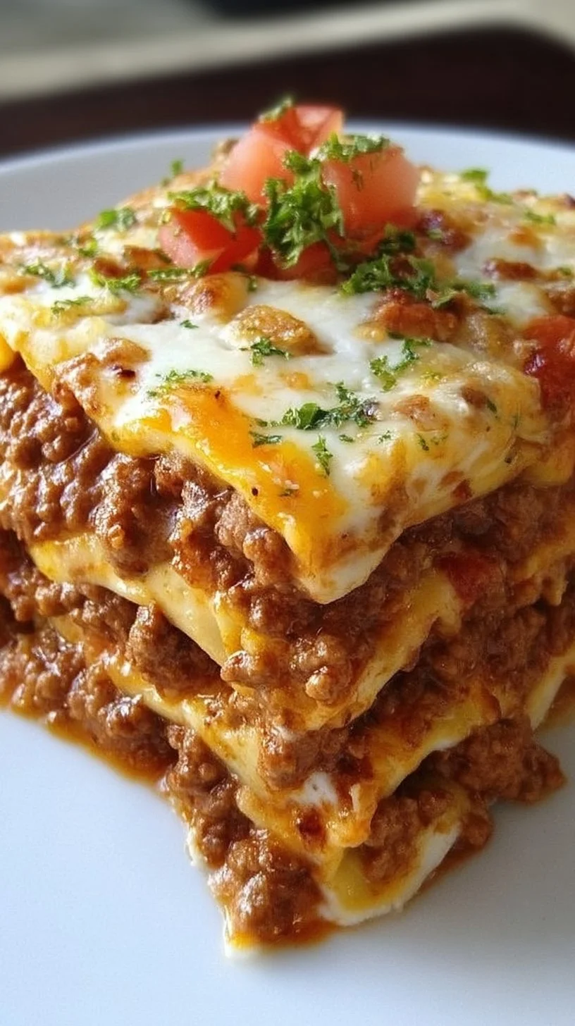 Delicious Taco Lasagna served with toppings and garnishes