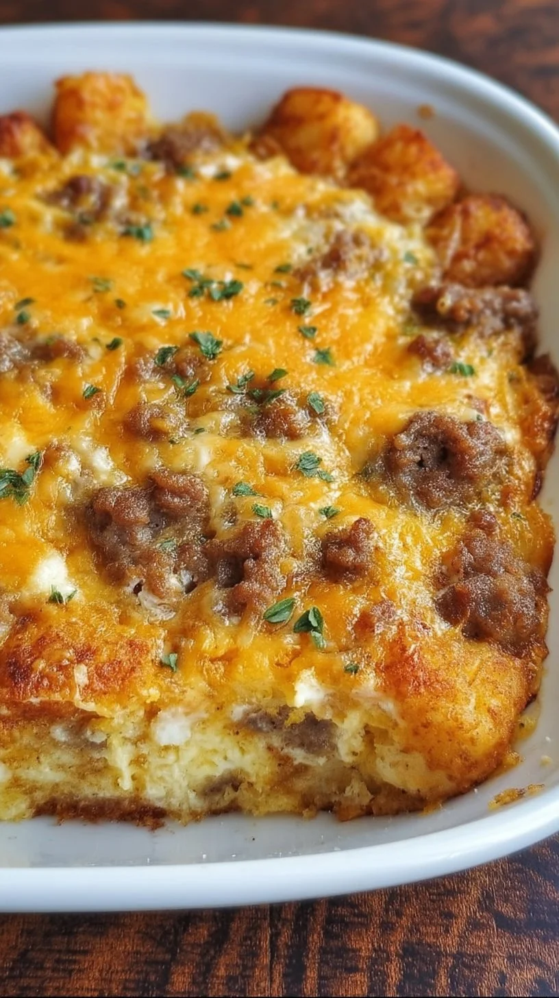 Delicious Tater Tot Sausage Breakfast Casserole topped with melted cheese.