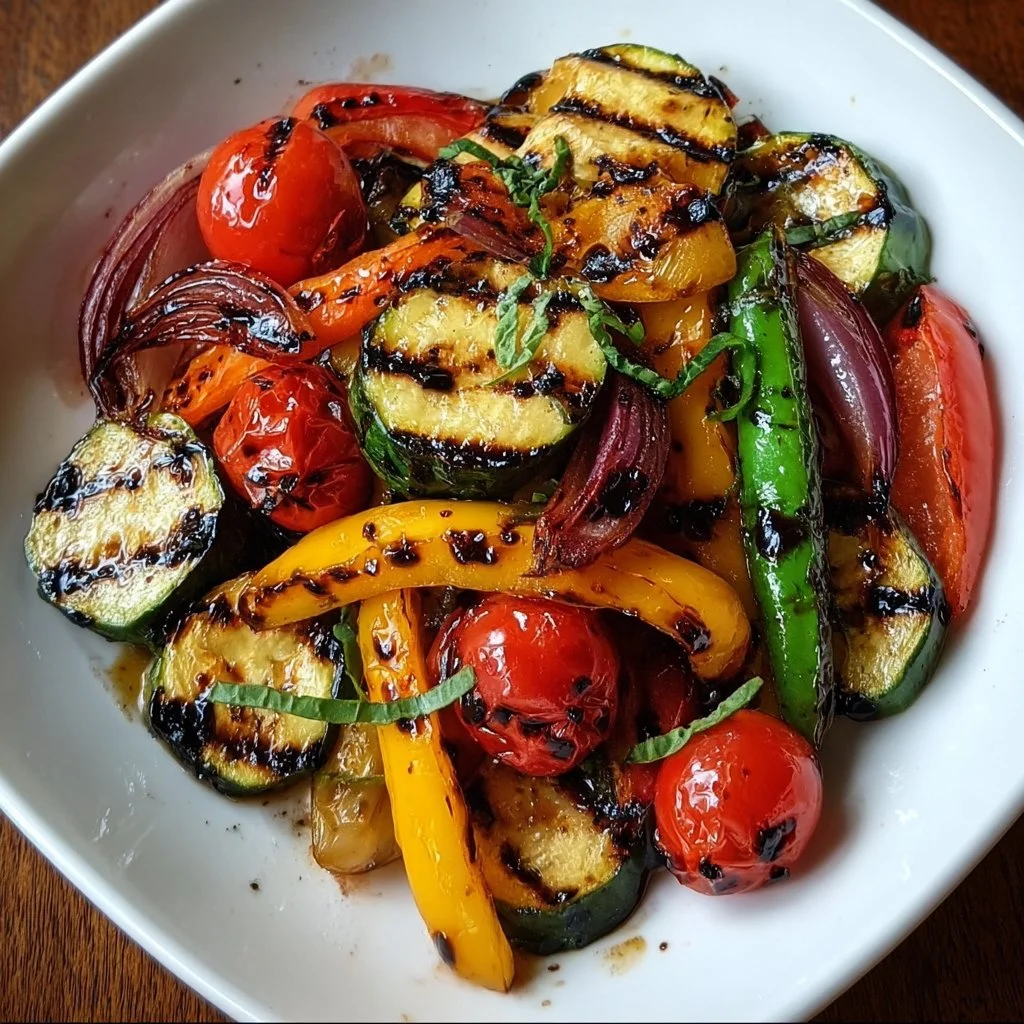 Colorful balsamic grilled vegetables on a platter, garnished and ready to serve.