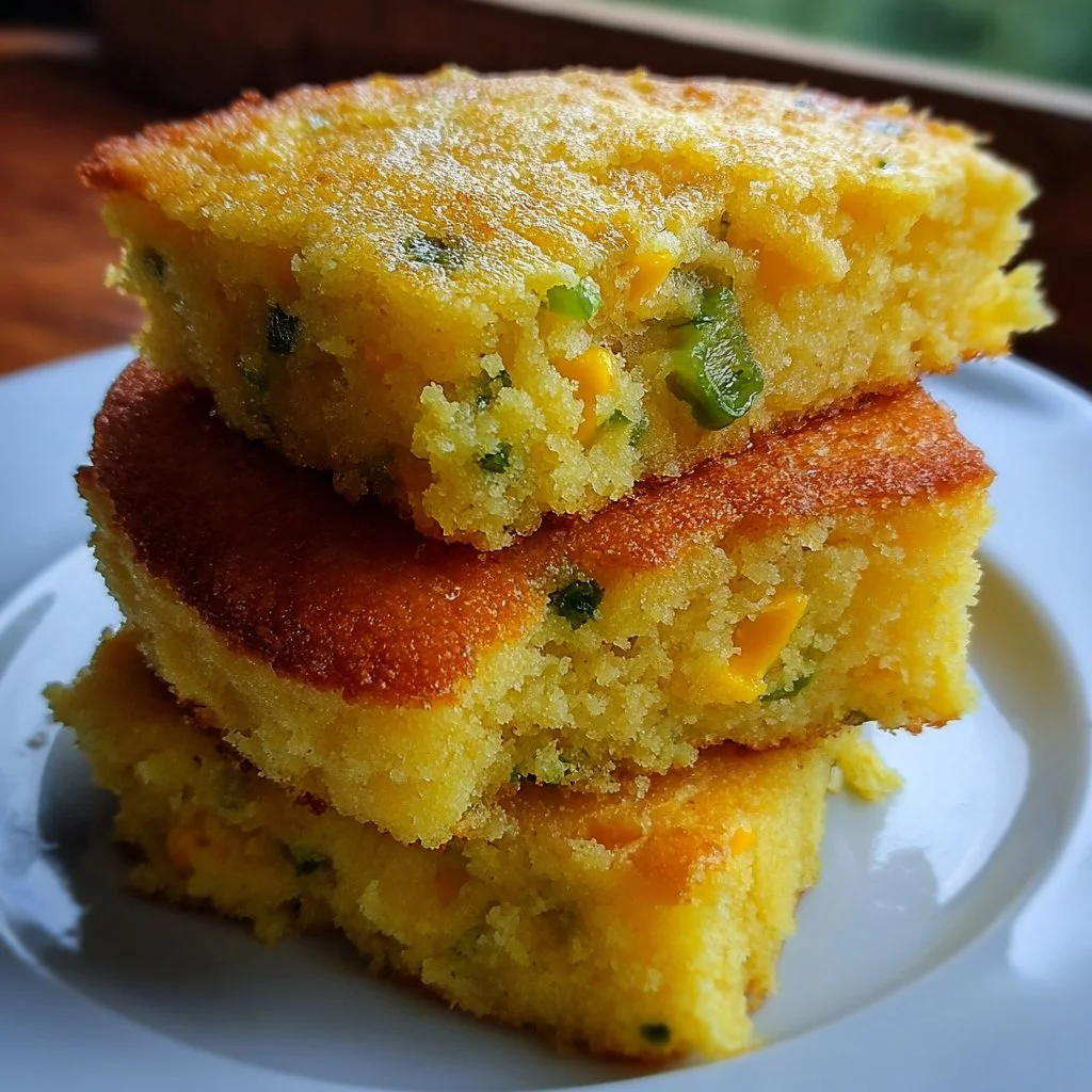 Cheddar and Green Chili Cornbread served in a rustic dish