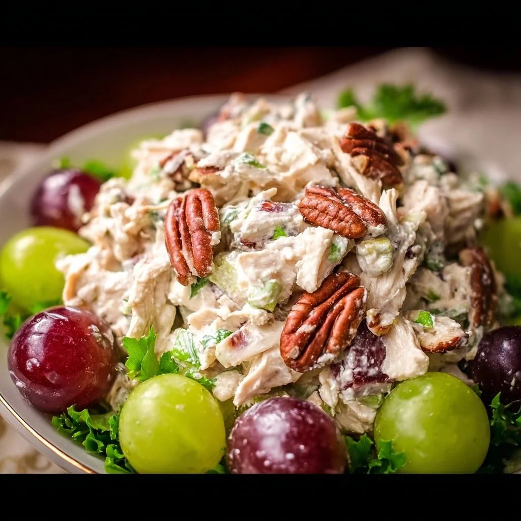 Delicious chicken salad with grapes, pecans, and celery in a bowl