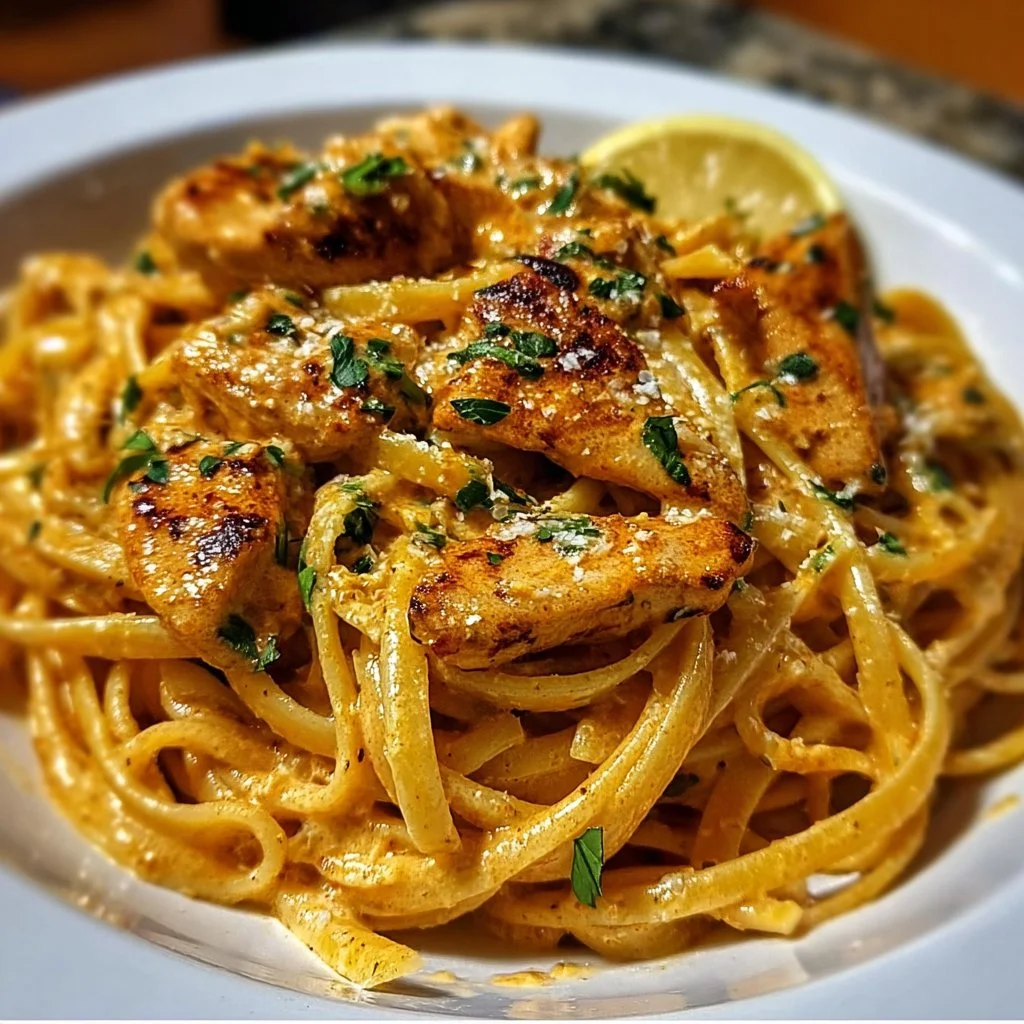 Delicious Cowboy Butter Chicken Linguine served with rich sauce and garnished