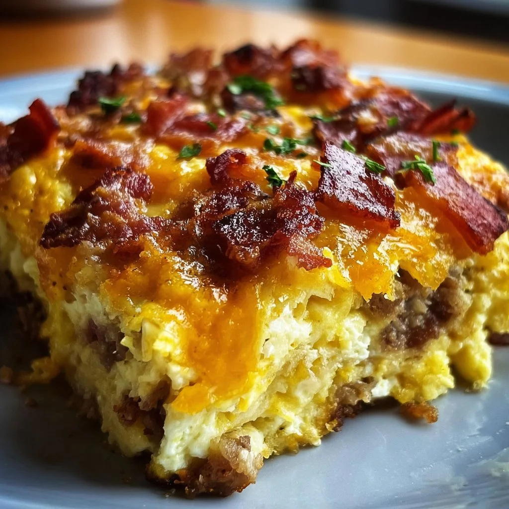 Delicious Crack Breakfast Casserole topped with cheese and herbs