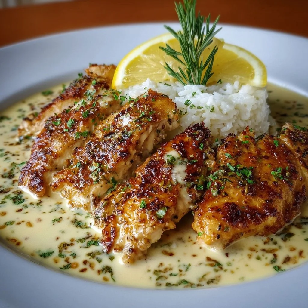 Plate of creamy lemon chicken garnished with herbs and lemon slices