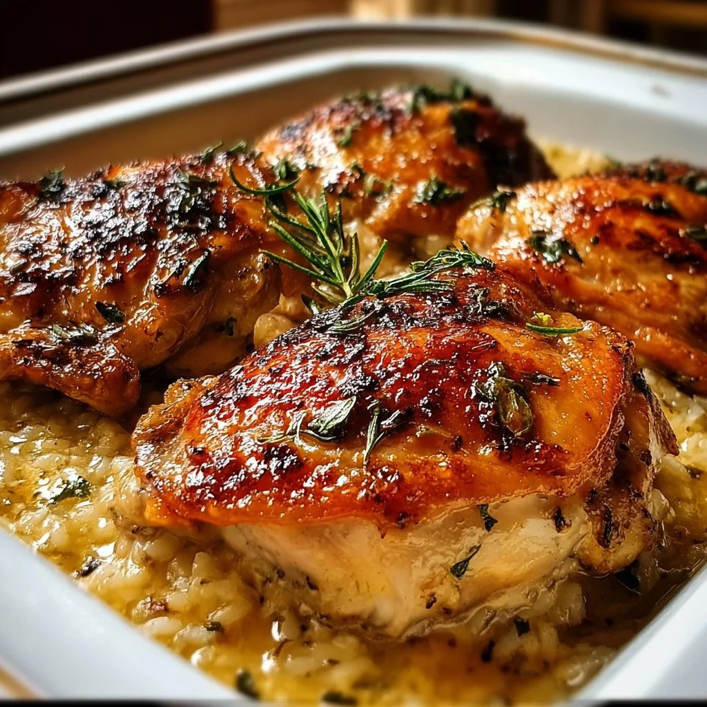 Delicious forgotten chicken recipe plated with herbs and vegetables