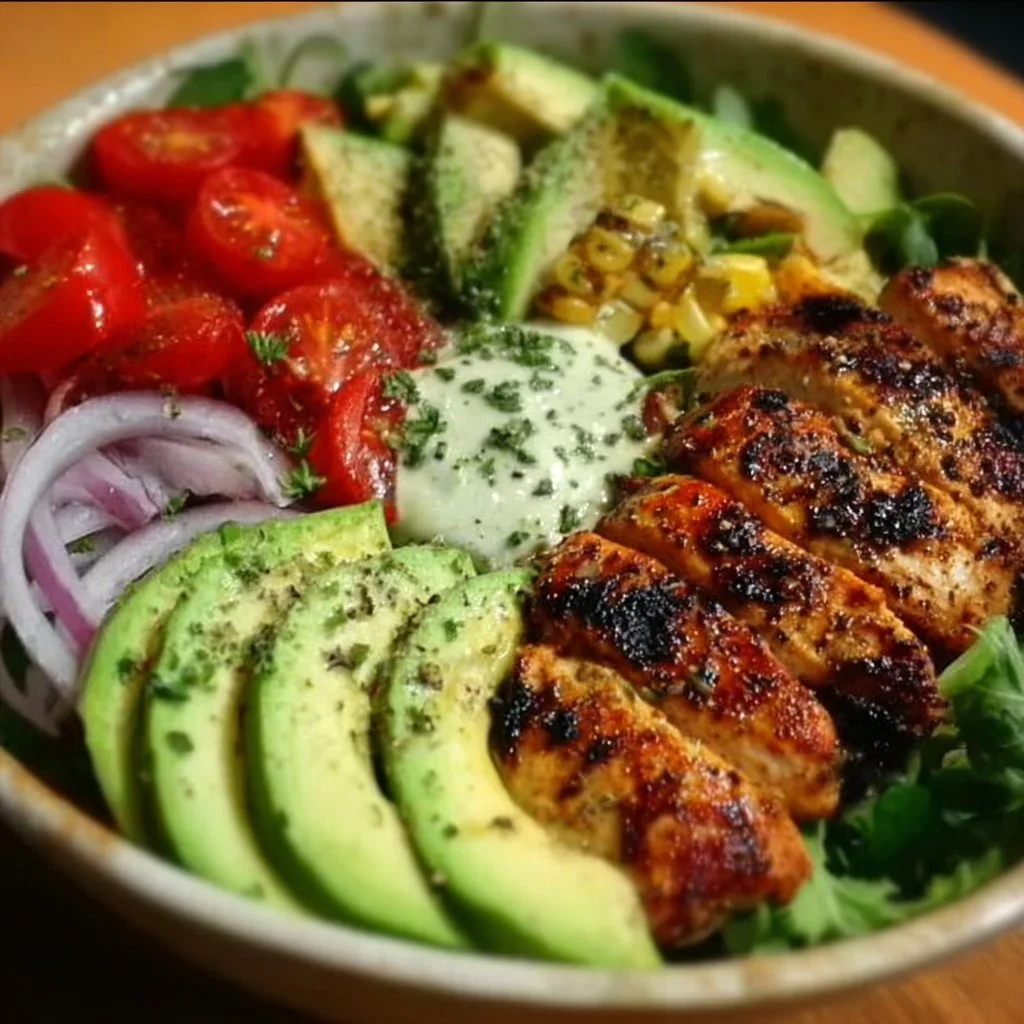 Grilled chicken and avocado salad bowl with colorful vegetables