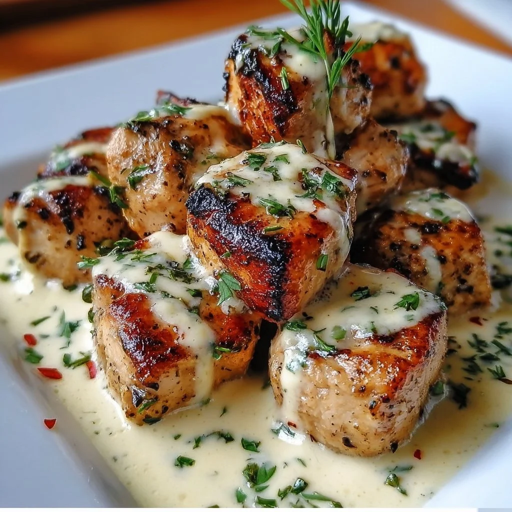 Grilled chicken bites drizzled with a creamy garlic sauce on a plate