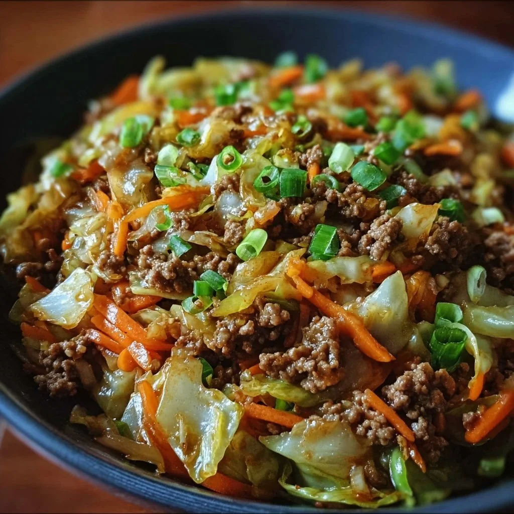 Healthy Chinese Ground Beef & Cabbage Stir Fry in a colorful serving dish