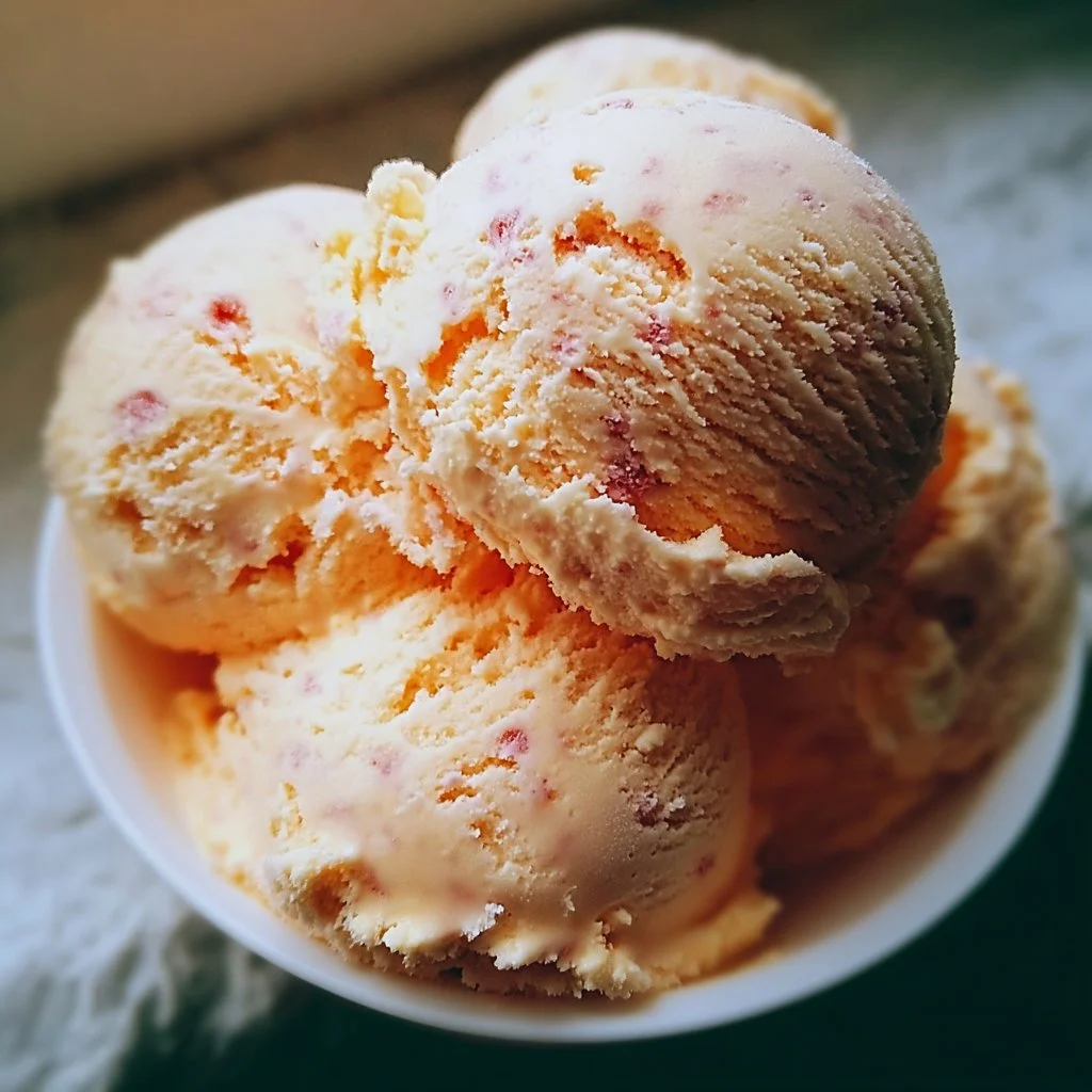 Delicious homemade peach ice cream served in a bowl with fresh peaches