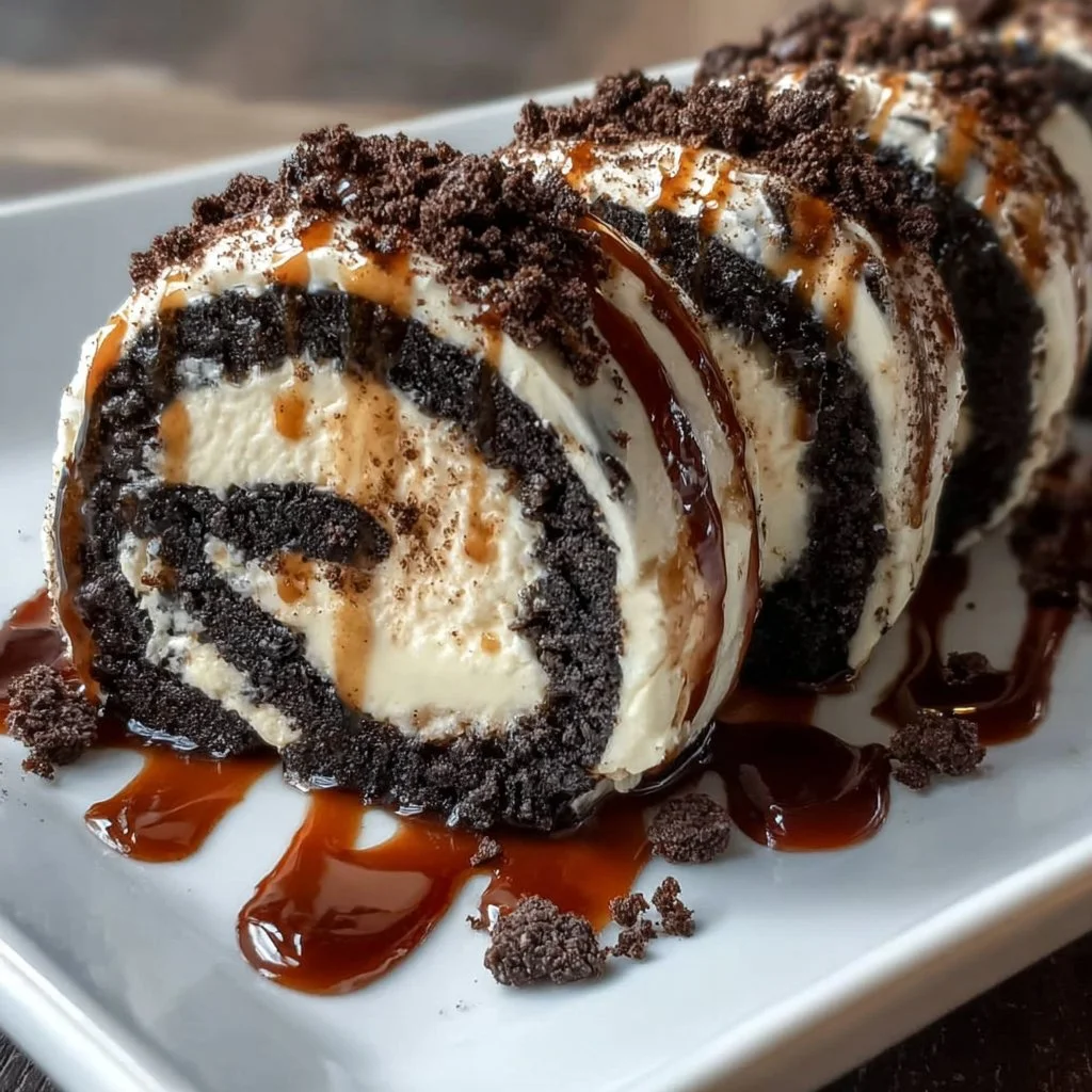 Oreo Cream Cheese Cheesecake Sushi Roll beautifully plated with toppings