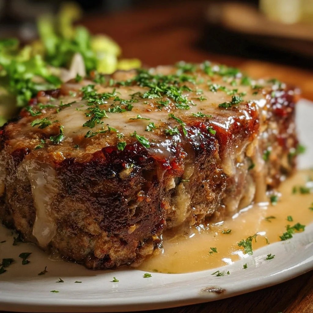 Juicy Parmesan Meatloaf served with a side of vegetables on a plate