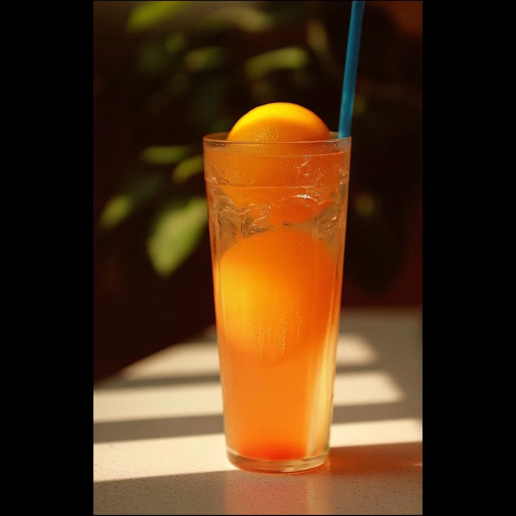 Refreshing glass of peach lemonade with slices of peach and lemon