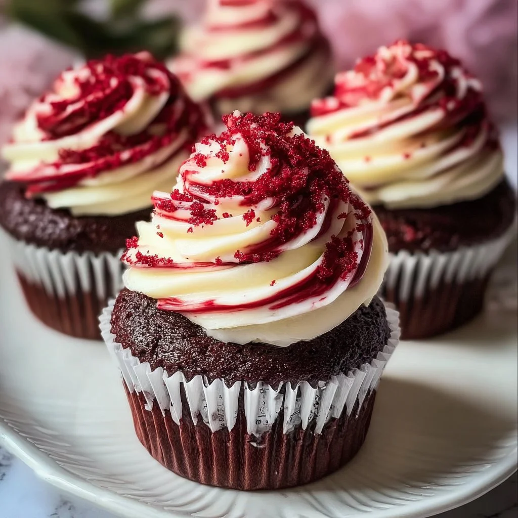 Delicious Red Velvet Marble Cupcakes with cream cheese frosting.
