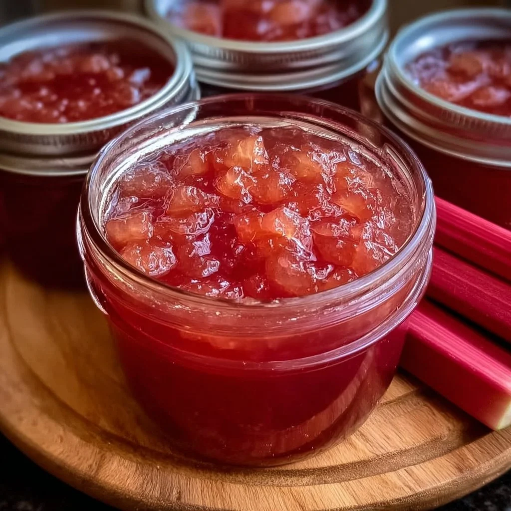 Jar of homemade rhubarb jam on a wooden table