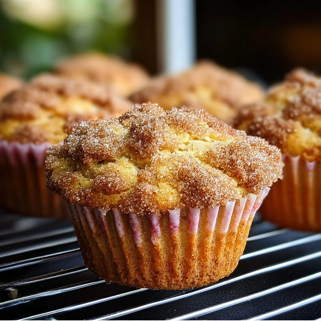 Freshly baked rhubarb muffins with cinnamon sugar topping on a plate