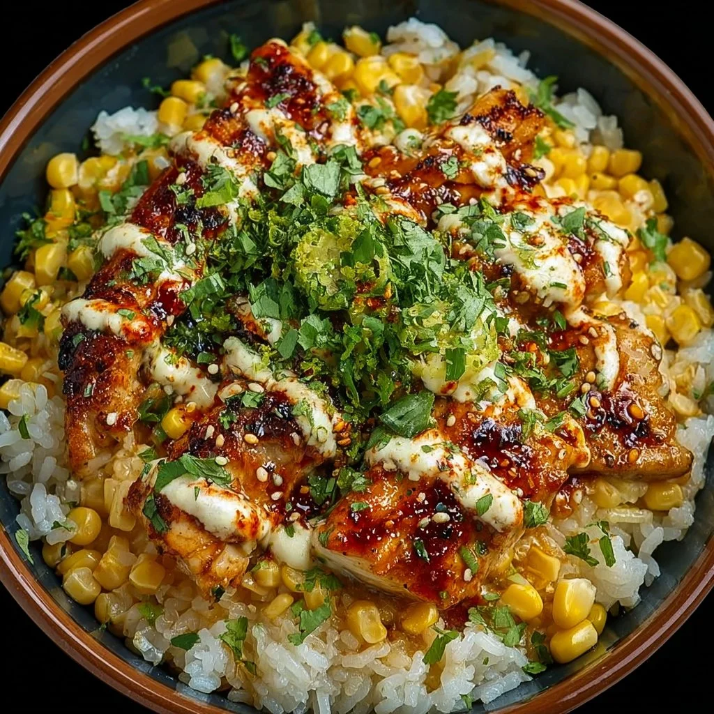 Delicious Street Corn Chicken Rice Bowl with chicken, corn, and colorful toppings.