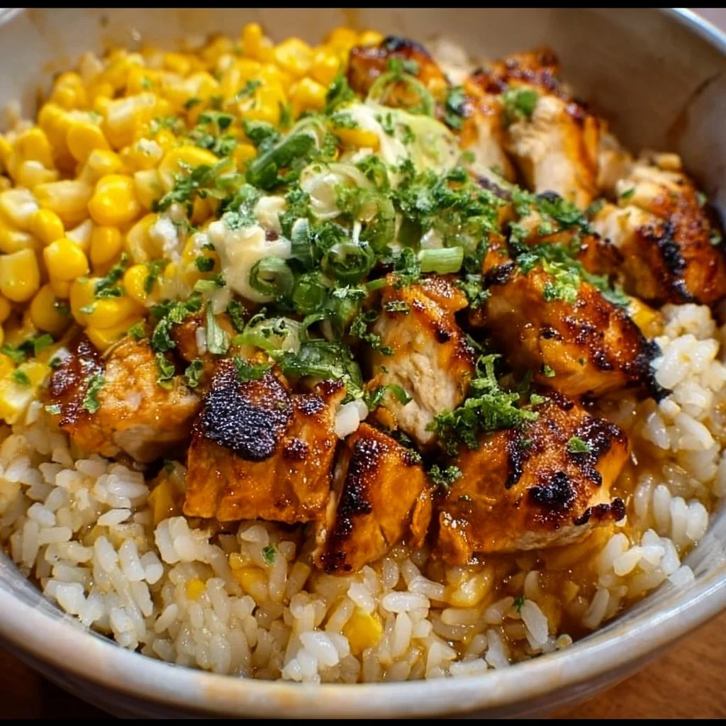 Delicious Street Corn Chicken Rice Bowl with grilled chicken and fresh corn